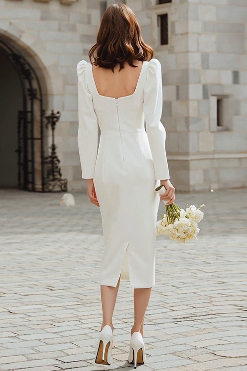 Ivory Square Neckline Bodycon Midi Engagement Dress