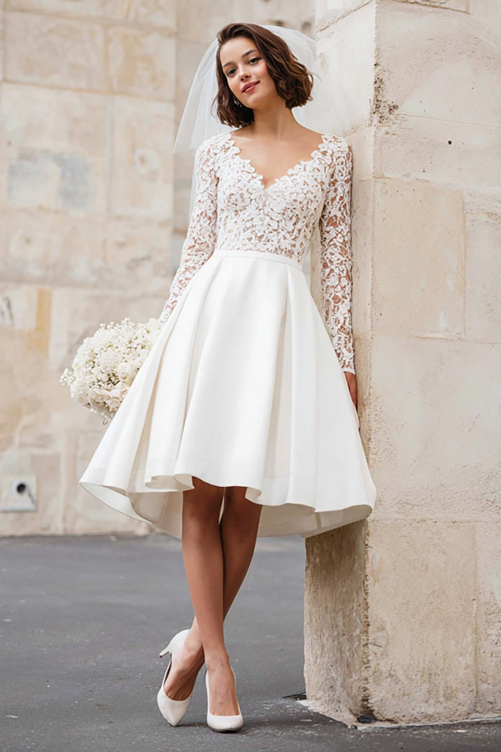 A-Line V-Neck Ivory Applique Midi Engagement Dress
