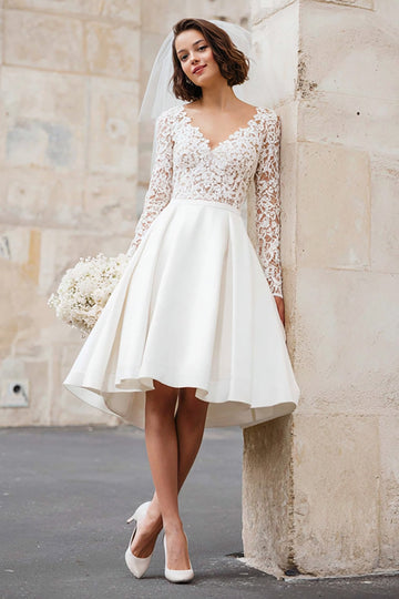 A-Line V-Neck Ivory Applique Midi Engagement Dress