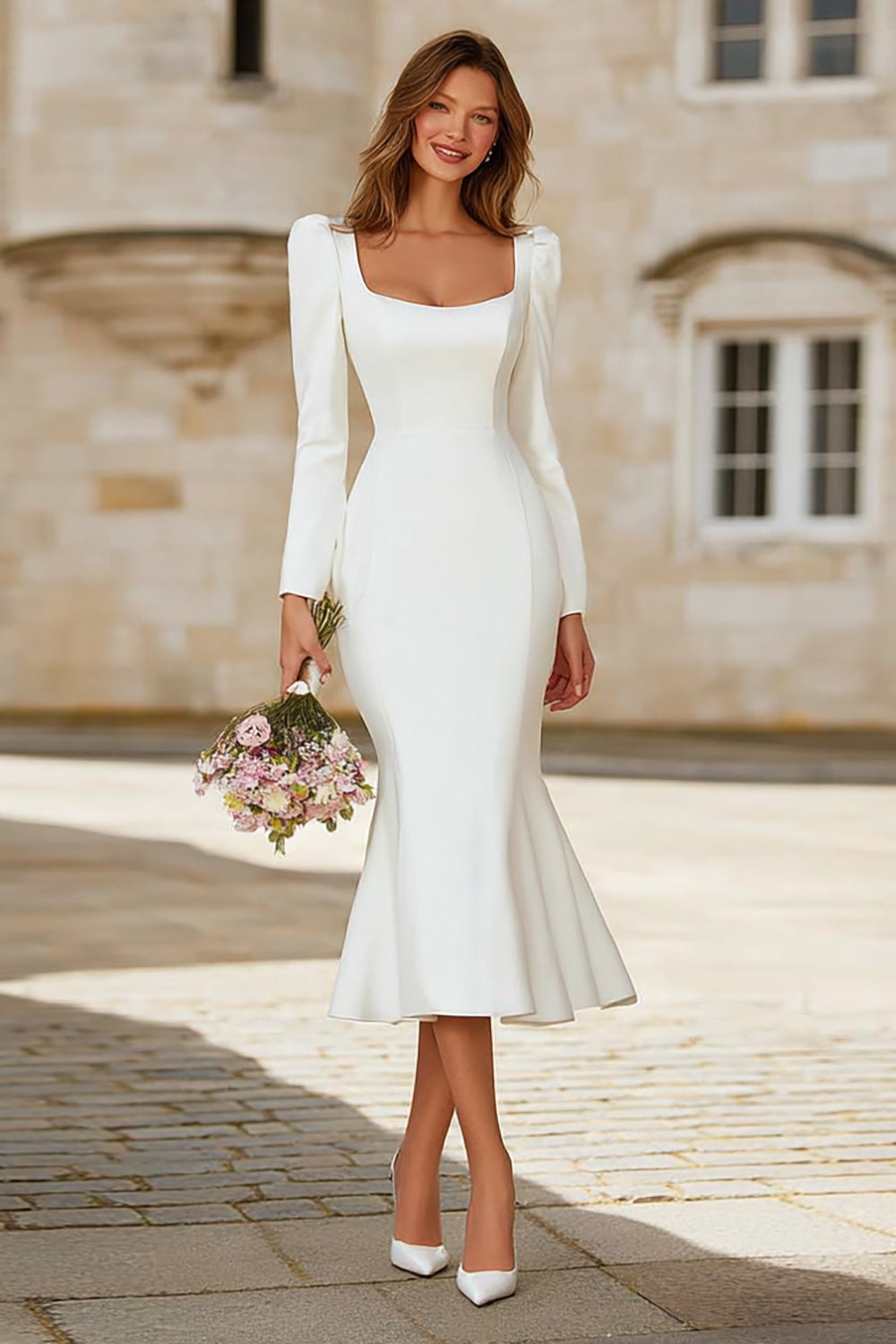 Ivory Square Neck Crepe Mermaid Long Sleeves Wedding Dress