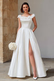 Ivory Satin A Line Sweep Train Wedding Dress with Slit