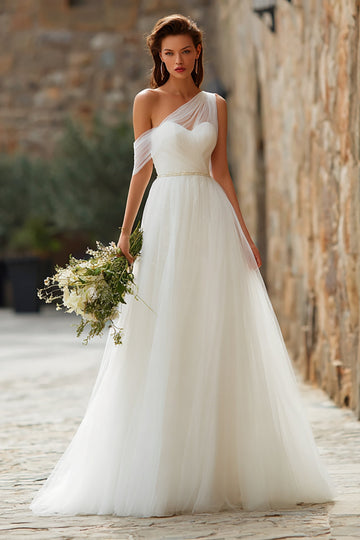 Simple Ivory Tulle Asymmetrical Neck Long Wedding Dress