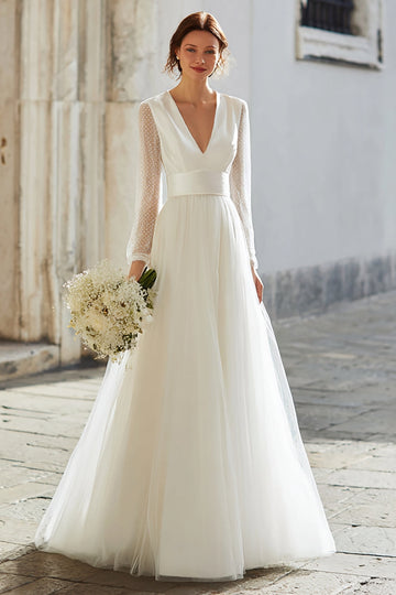 Elegant Ivory V-Neck A Line Maxi Wedding Dress with Sleeves