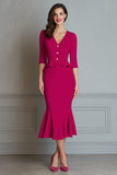 Fuchsia V Neck Mermaid Midi Work Dress with Sleeve
