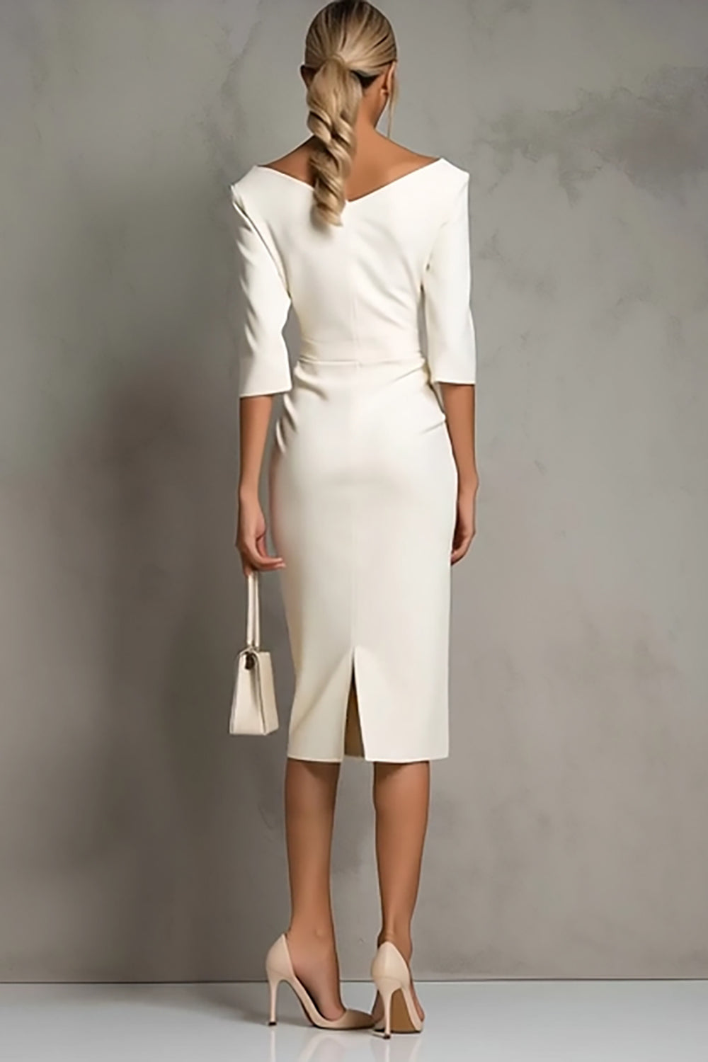 Ivory Sheath Ruched Midi Work Dress with Short Sleeve