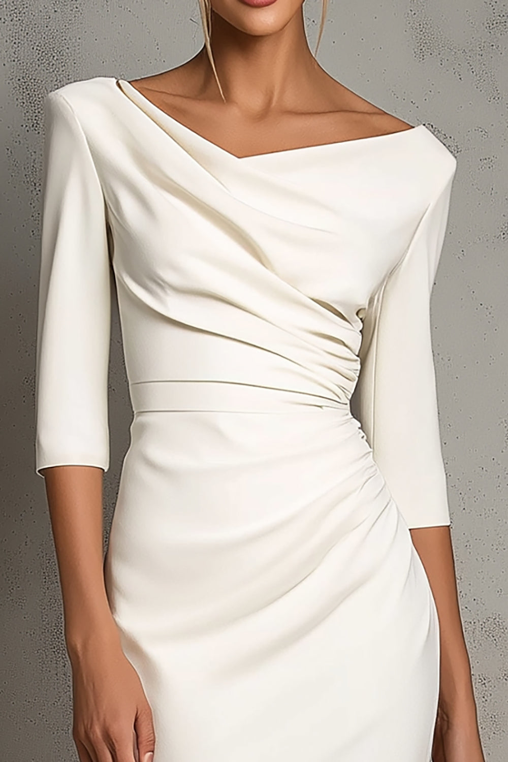 Ivory Sheath Ruched Midi Work Dress with Short Sleeve