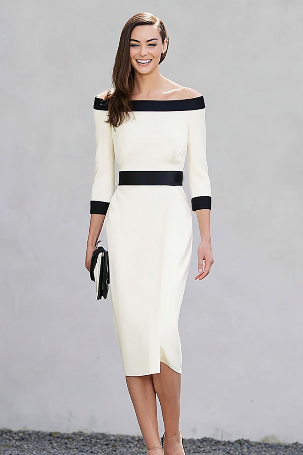 Black White Off the Shoulder Sheath Midi Work Dress