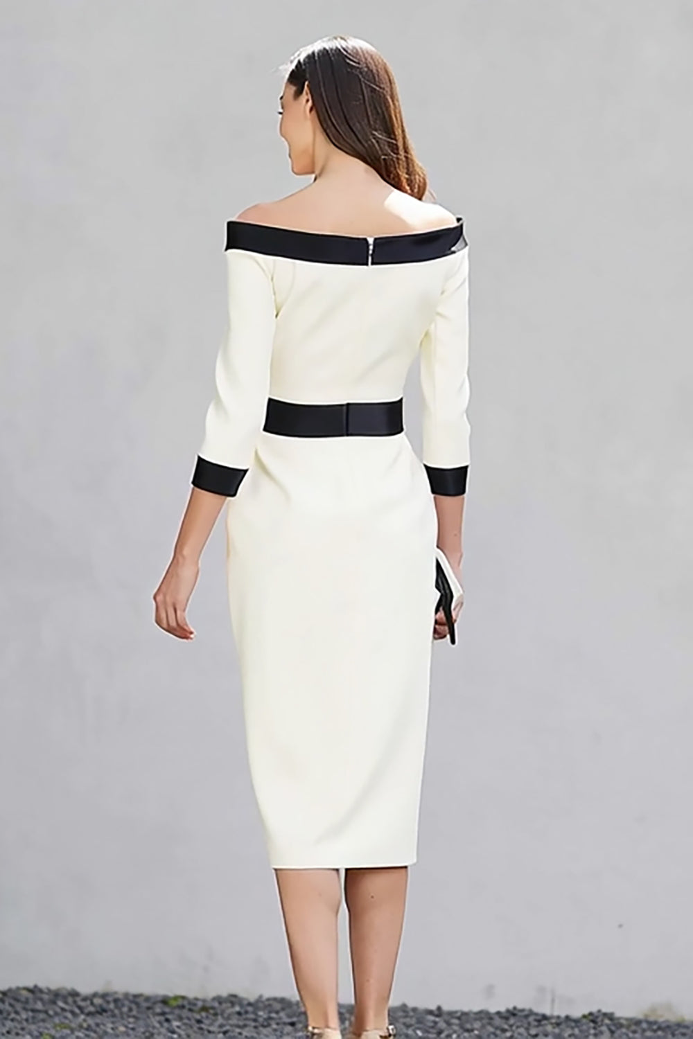 Black White Off the Shoulder Sheath Midi Work Dress