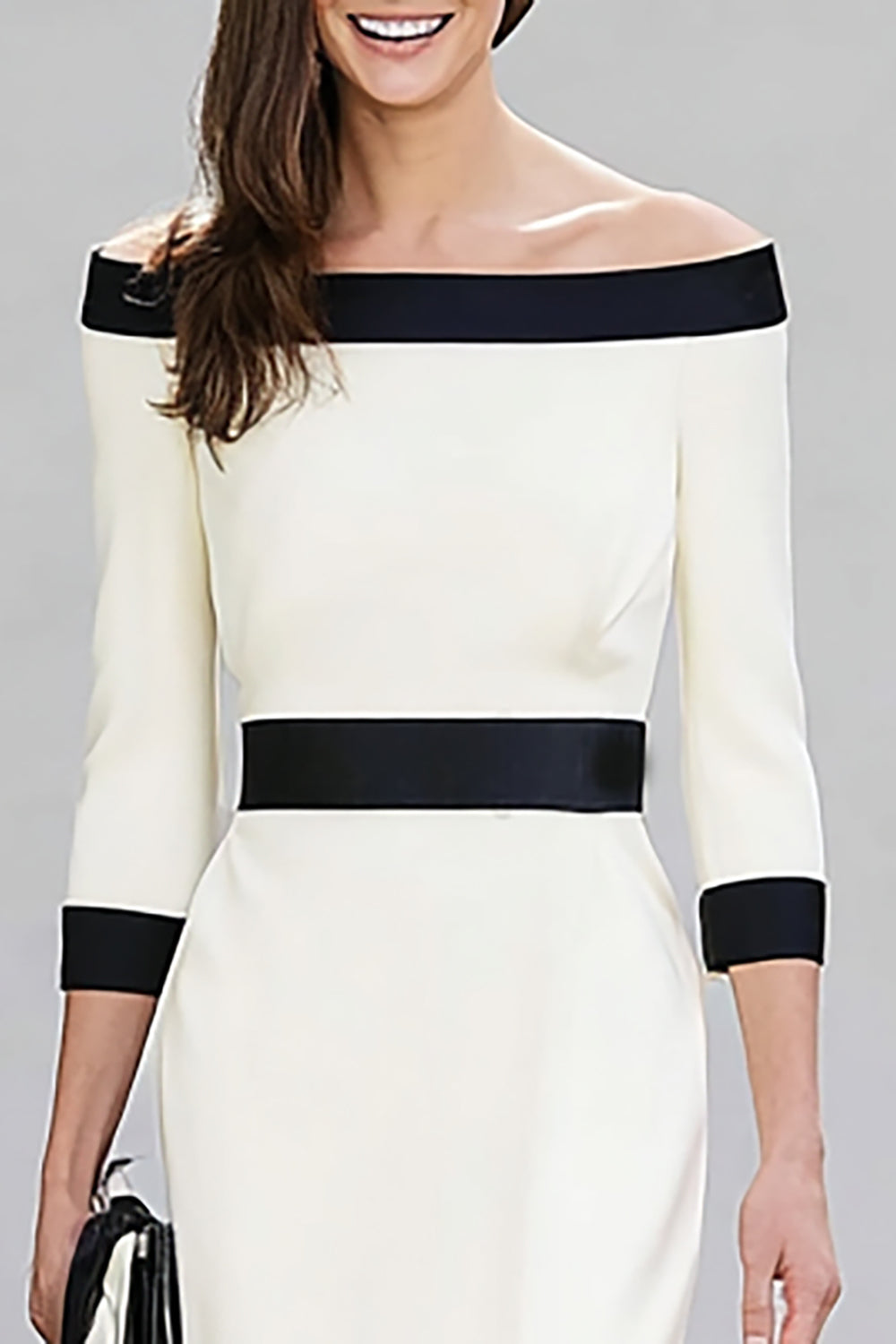 Black White Off the Shoulder Sheath Midi Work Dress