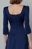 Square Neck Satin Navy A Line Midi Work Dress