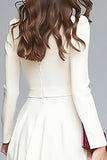 Ivory Ruffled A Line V Neck Midi Work Dress with Belt