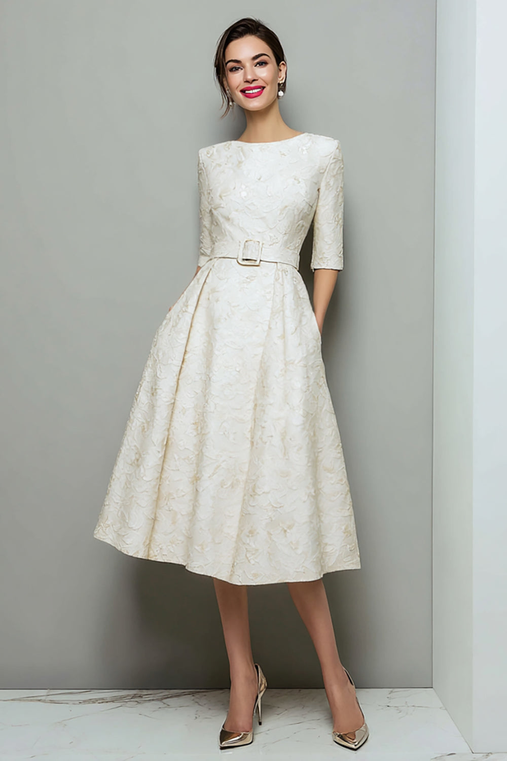 Ivory Jacquard A Line Midi Work Dress with Belt