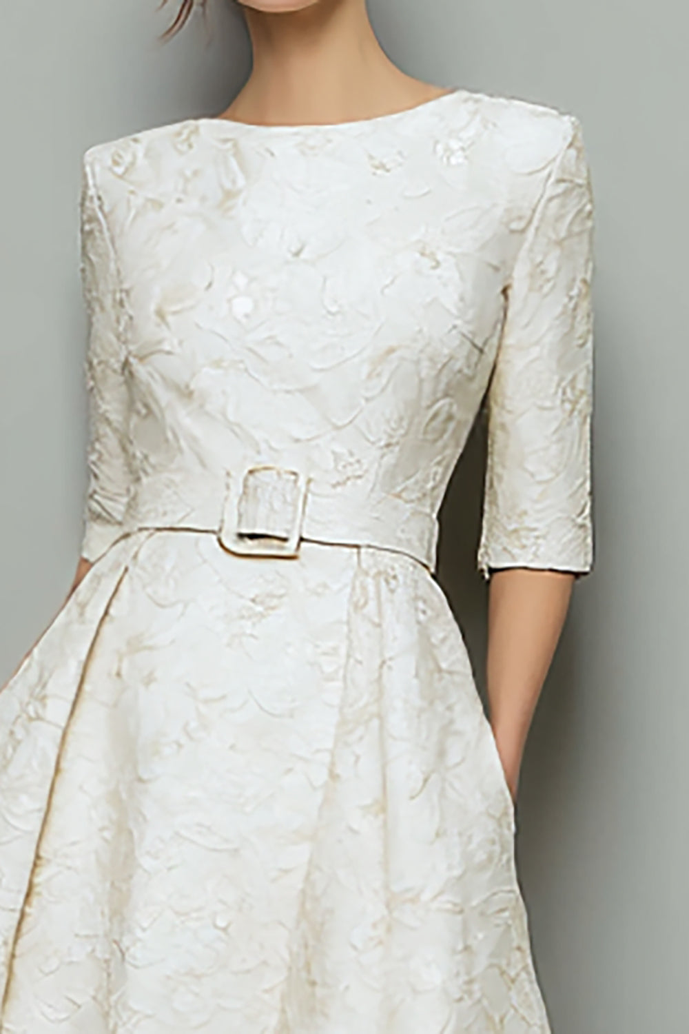 Ivory Jacquard A Line Midi Work Dress with Belt