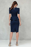 Ruffled V Neck Navy Sheath Midi Work Dress