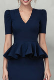Ruffled V Neck Navy Sheath Midi Work Dress