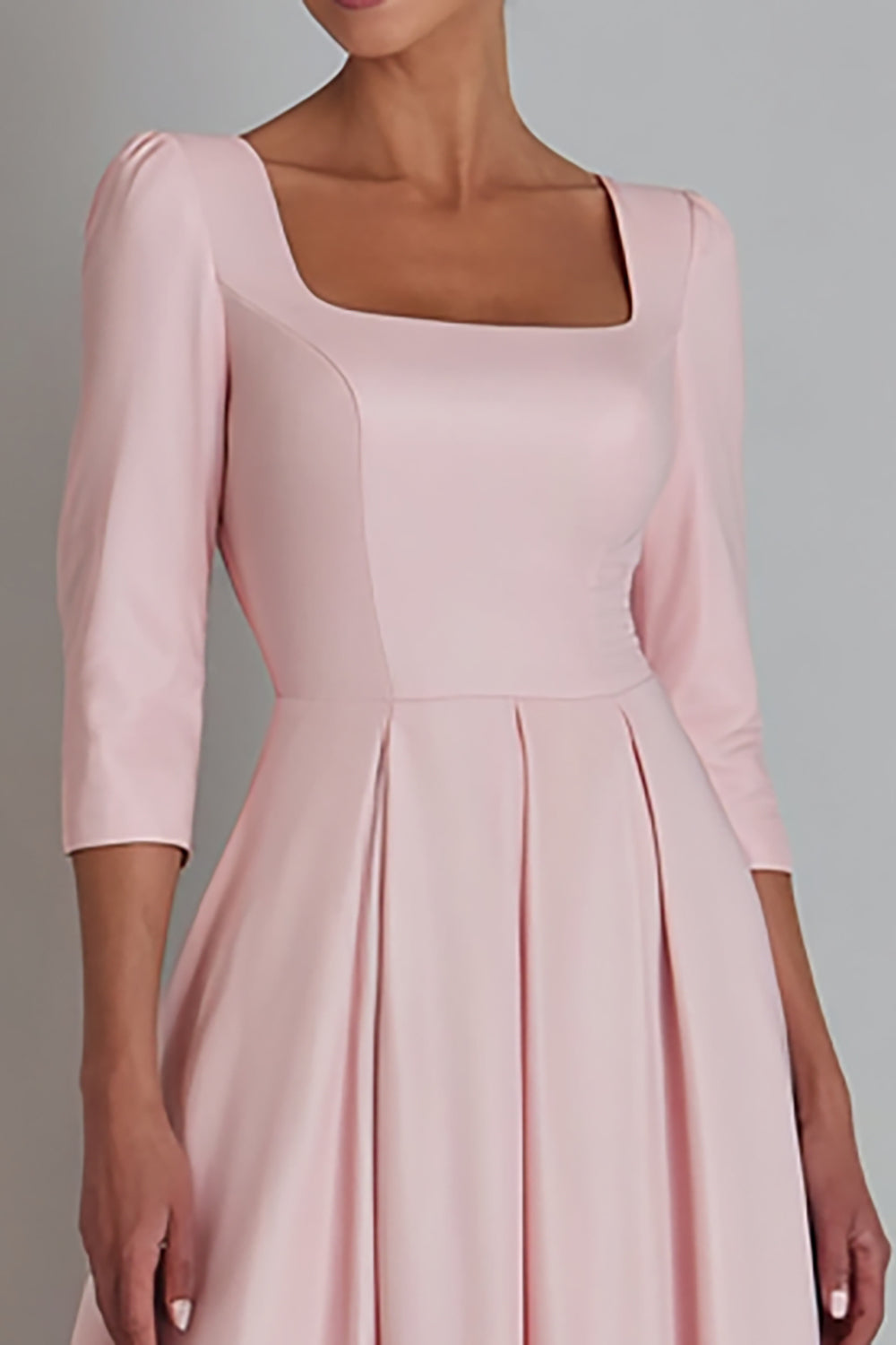 Pink Square Neck A Line Satin Work Dress with Sleeve