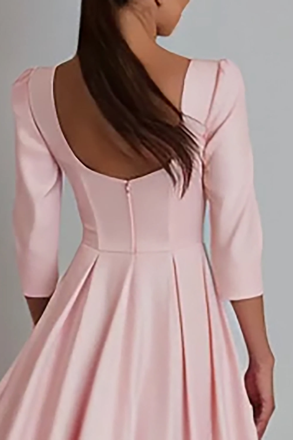 Pink Square Neck A Line Satin Work Dress with Sleeve
