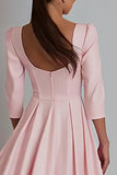 Pink Square Neck A Line Satin Work Dress with Sleeve