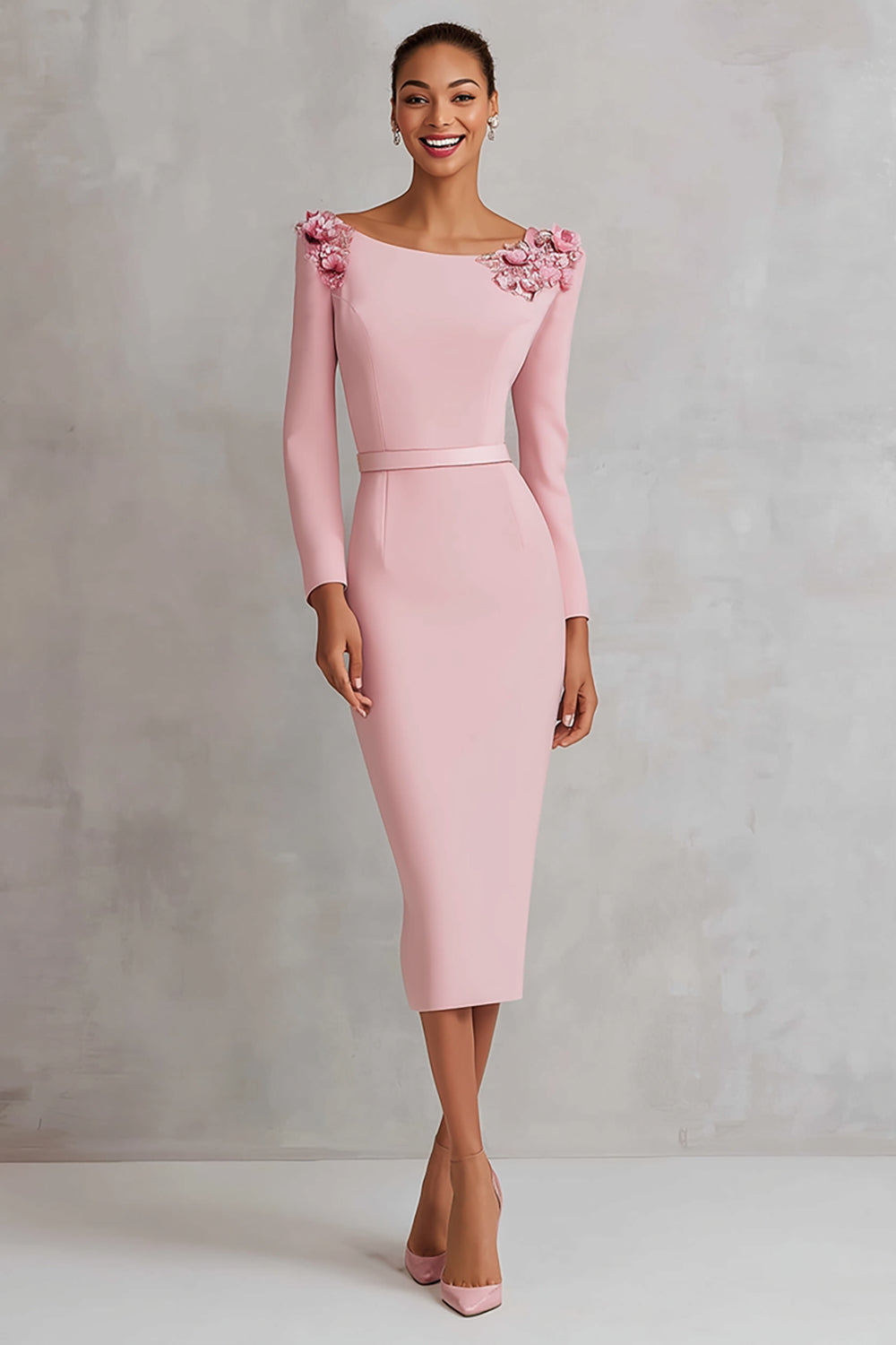 Pink Boat Neck Sheath Appliques Midi Work Dress