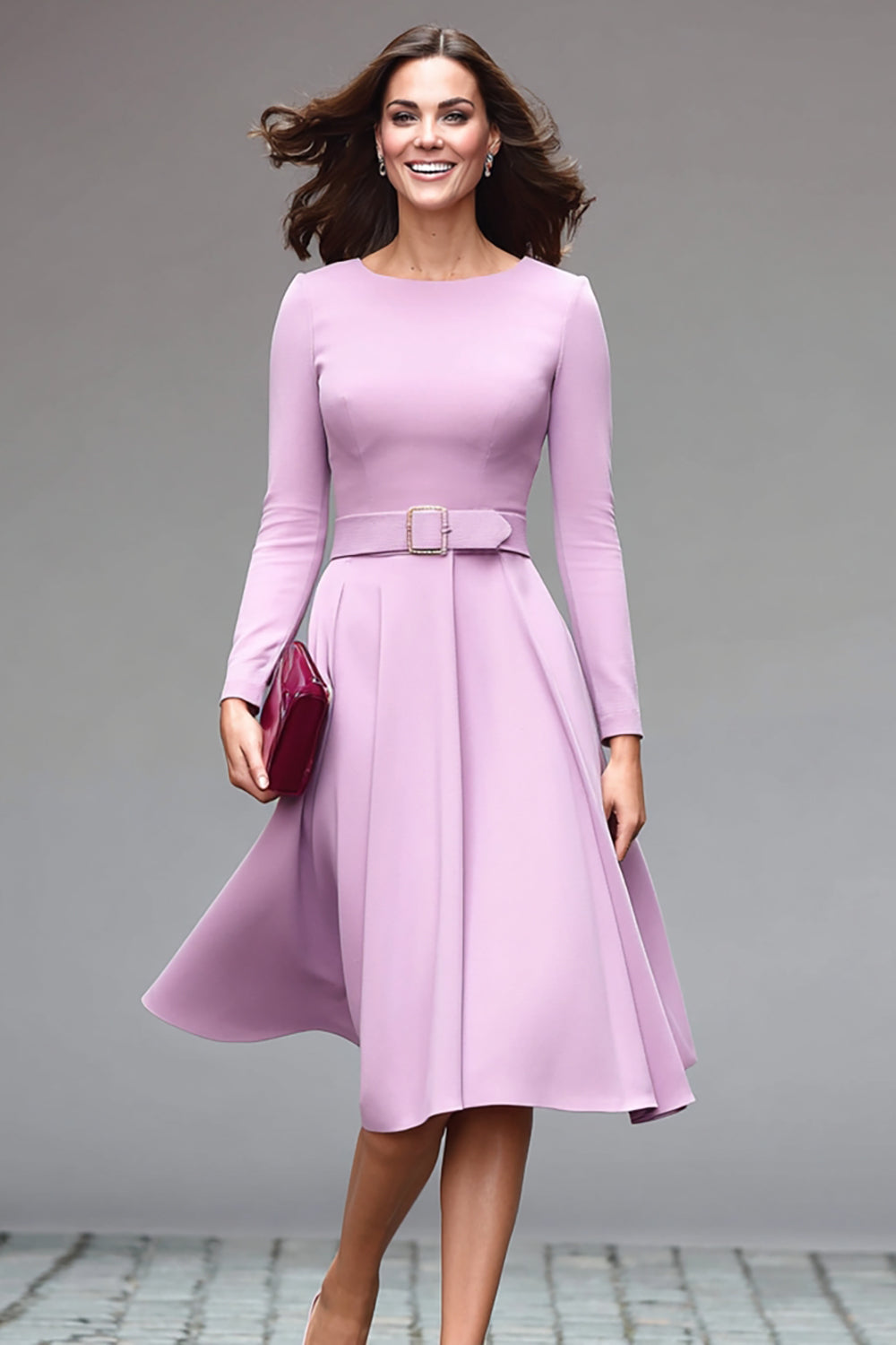 Lilac Round Neck A Line Midi Work Dress with Belt