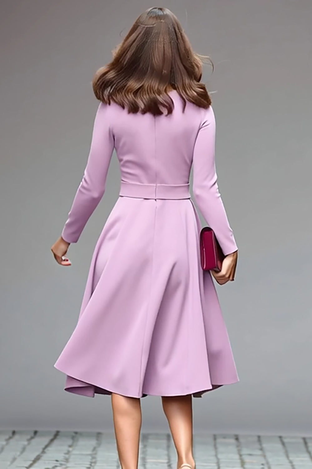 Lilac Round Neck A Line Midi Work Dress with Belt