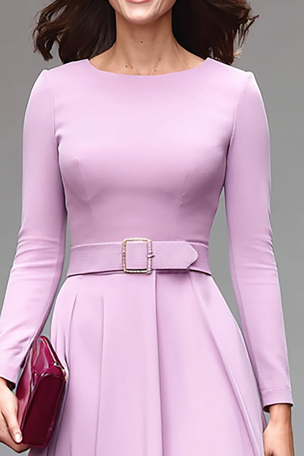 Lilac Round Neck A Line Midi Work Dress with Belt