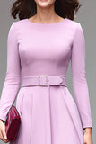 Lilac Round Neck A Line Midi Work Dress with Belt