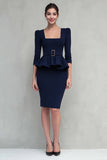 Navy Ruffled Square Neck Sheath Midi Work Dress