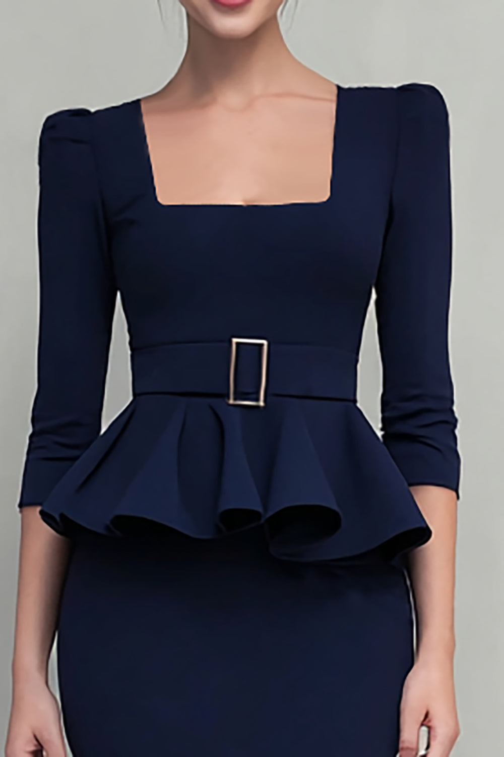 Navy Ruffled Square Neck Sheath Midi Work Dress