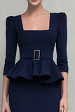 Navy Ruffled Square Neck Sheath Midi Work Dress