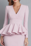 V Neck Ruffled Sheath Pink Midi Work Dress