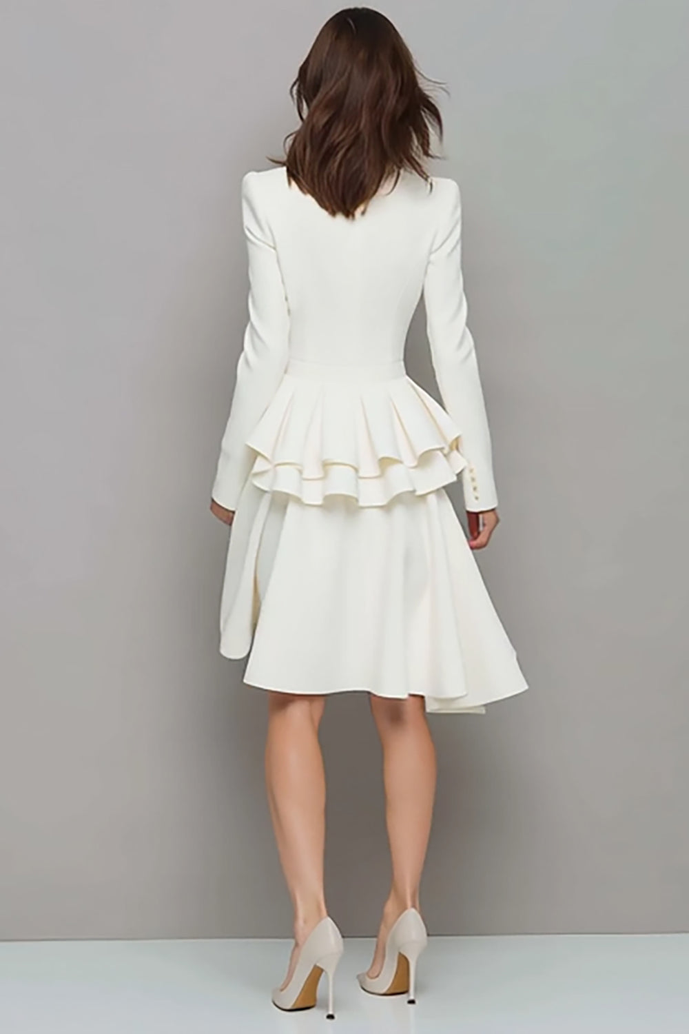 Ivory V Neck Ruffled A Line Midi Work Dress
