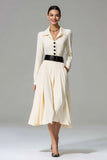 Ivory Peak Lapel A Line Midi Work Dress with Belt