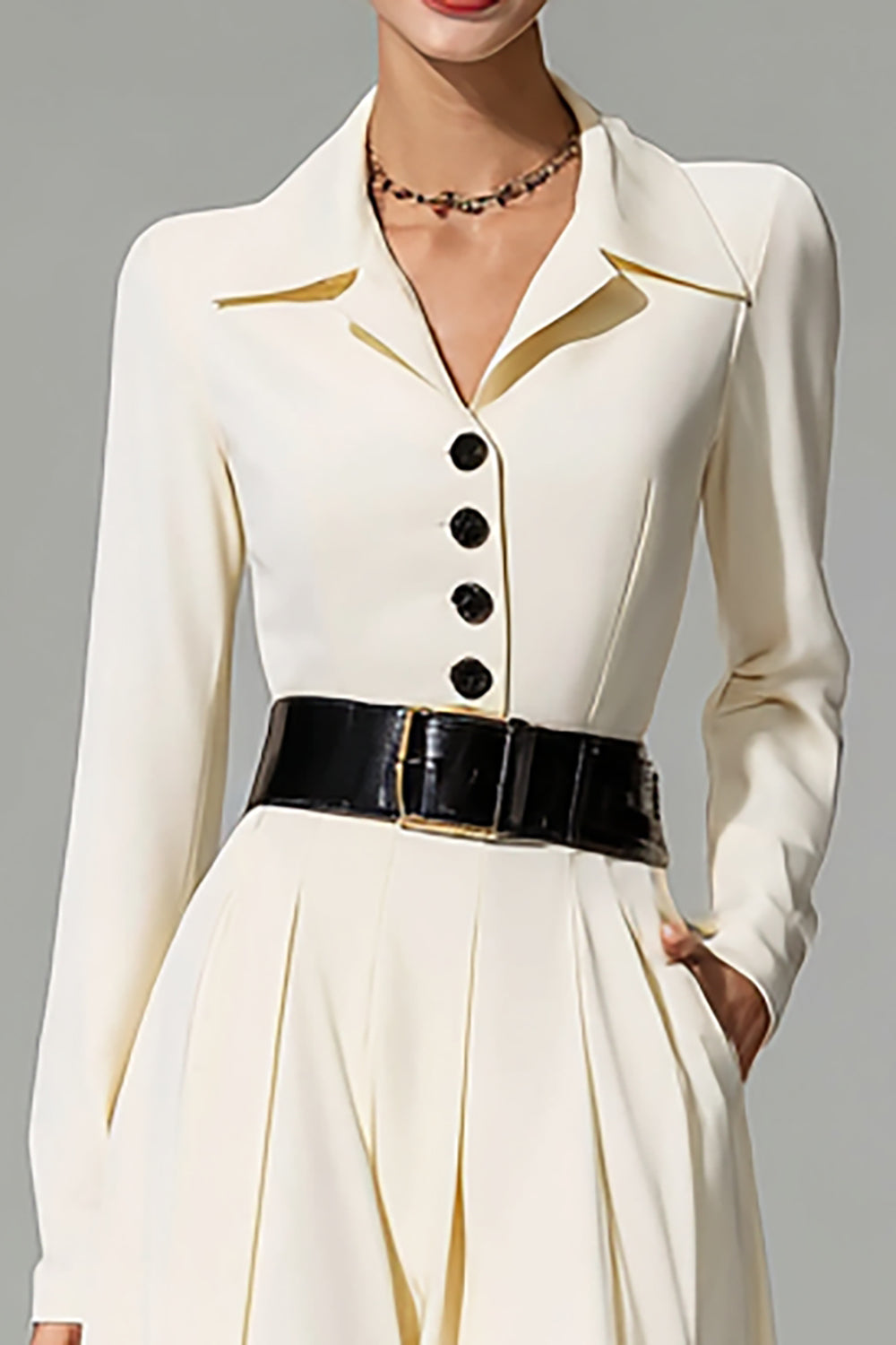 Ivory Peak Lapel A Line Midi Work Dress with Belt