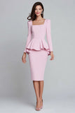 Pink Ruffled Sheath Square Neck Midi Work Dress