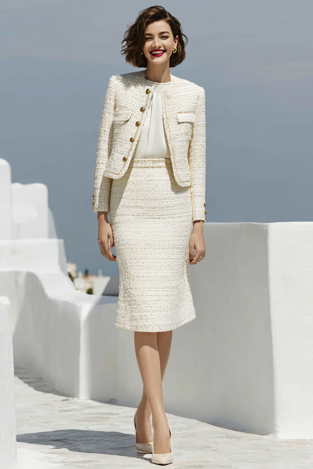 Ivory Bodycon 2-Piece Round Neck Work Dress