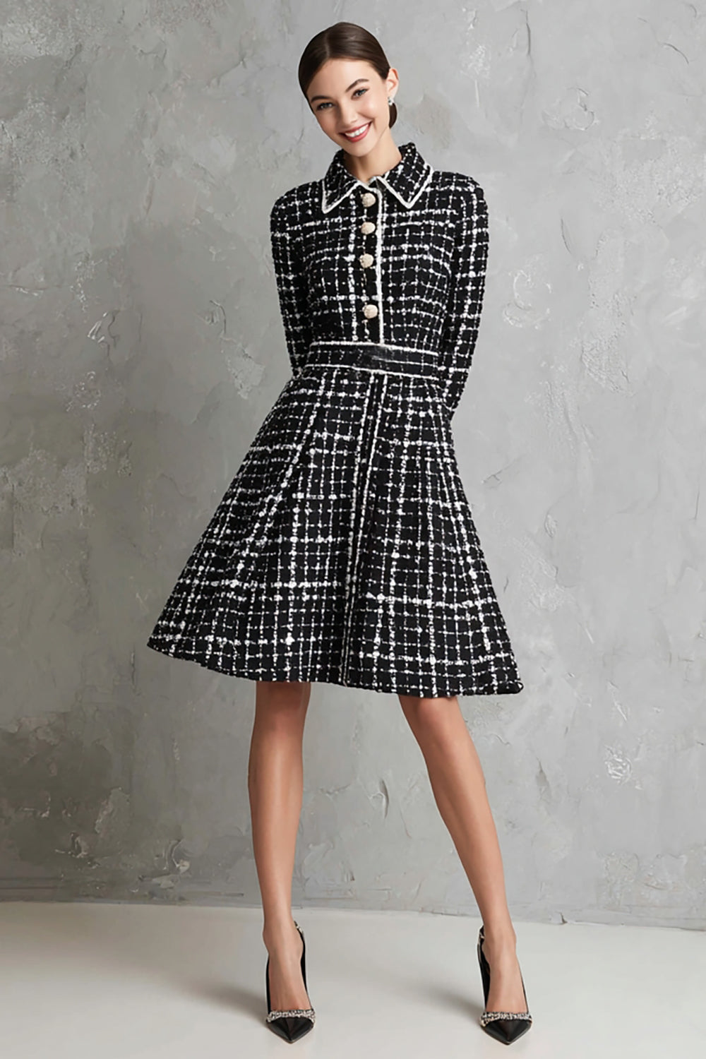 Black A Line Long Sleeve Striped Work Dress