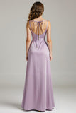 Purple Spaghetti Straps Pleated Satin Evening Dress