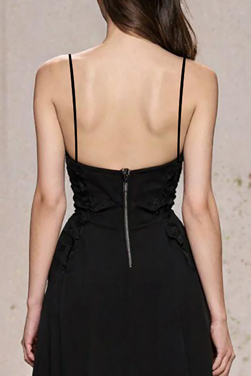 A Line Spaghetti Straps Black Tie Dress with Slit
