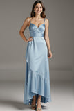 Sky Blue Spaghetti Straps Evening Dress with Ruffles