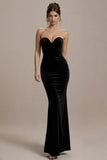 Black Mermaid Strapless Velvet Long Evening Dress
