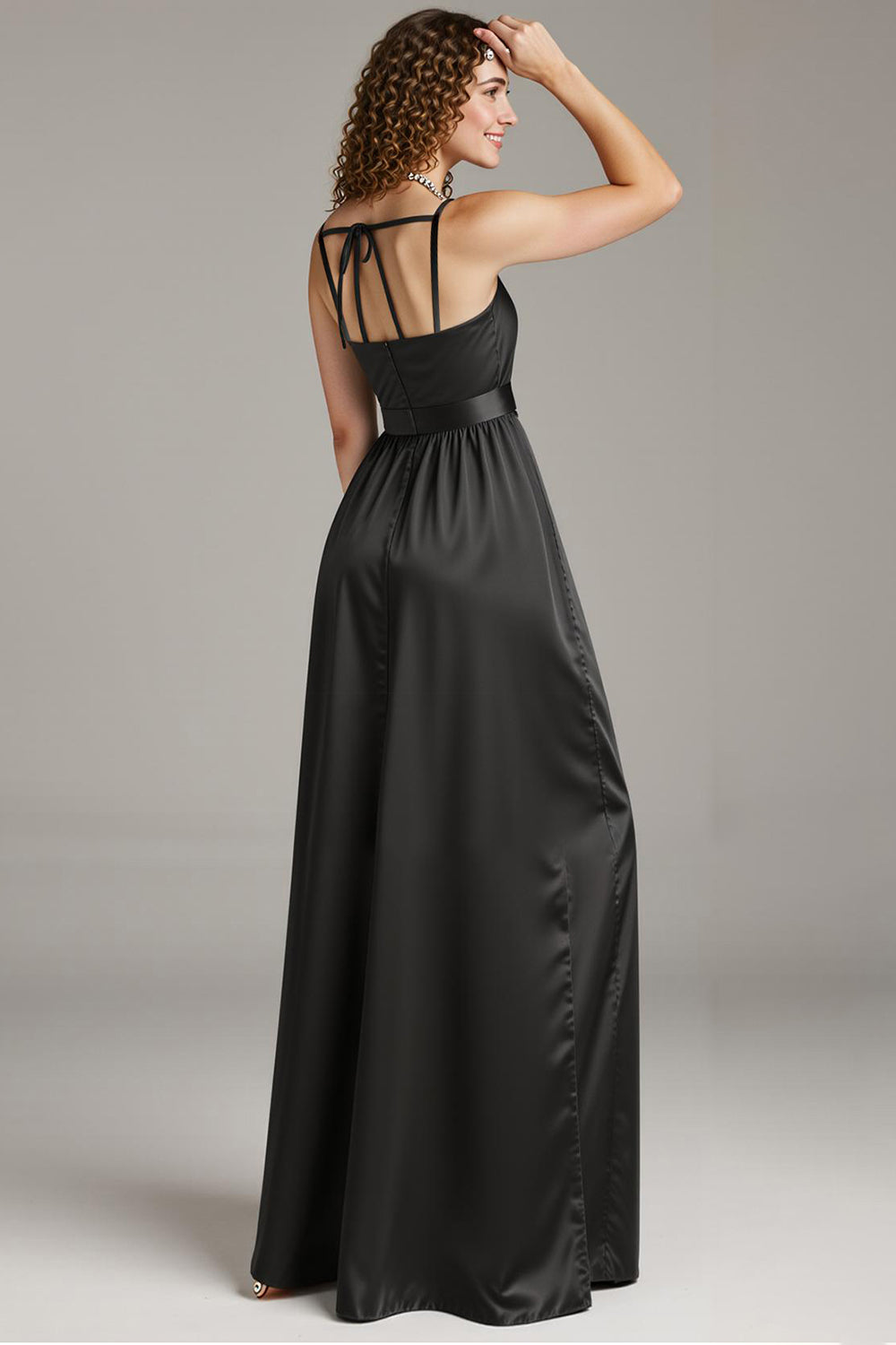 Black Satin Spaghetti Straps Sheath Long  Formal Dress with Slit
