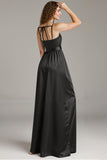Black Satin Spaghetti Straps Sheath Long  Formal Dress with Slit