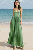 Light Green Satin Ruched A Line Corset Long Prom Dress