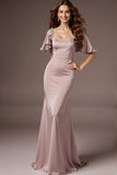 Light Pink Satin Mermaid Square Neck Long Prom Dress with Sleeves