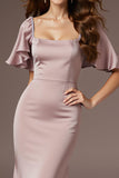 Light Pink Satin Mermaid Square Neck Long Prom Dress with Sleeves