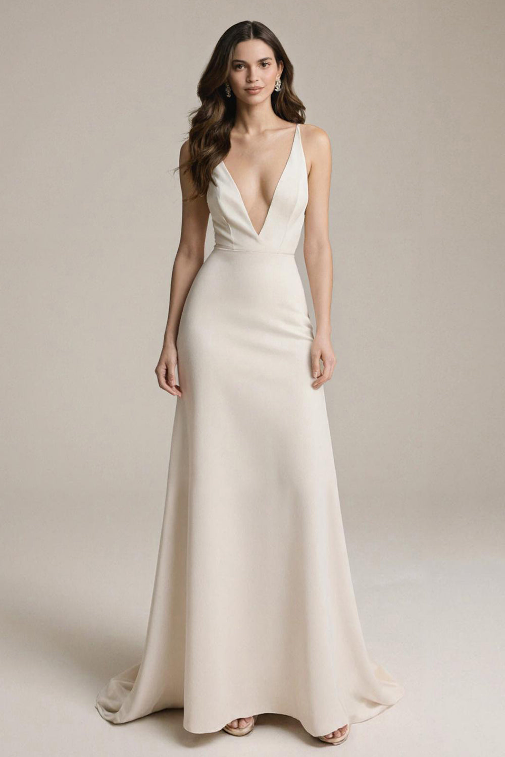 Simple Ivory Satin V-Neck Sheath Long Prom Dress