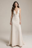 Simple Ivory Satin V-Neck Sheath Long Prom Dress