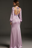 Light Purple Satin Mermaid Long Sleeves Formal Dress with Slit