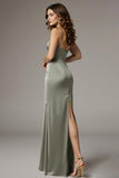 Dusty Sage Satin Mermaid Long Formal Dress with Slit
